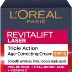 L'Oreal Paris Revitalift Laser Triple Action Anti-Ageing Day Cream SPF 15 50ml, Face Moisturiser with Pro-Retinol, Hyaluronic Acid & Vitamin C, to Smooth Wrinkles, Firm & Brighten Skin, UV Protection