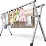 Clothes Drying Rack, 2.4M Adjustable Clothes Airer Laundry Drying Rack, Foldable Heavy Duty Stainless Steel Clothes Dryer Stand Horse with 20 Windproof Hooks & 12 Clips for Outdoor Indoor Use
