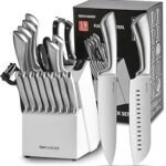RAXCO 19PCS Kitchen Knife Set with Block & Sharpener, 6 Chef Knives & 8 Steak Knives for Home Restaurant (White)