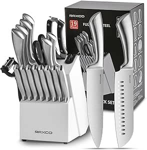 71q7NujViHL._AC_SY300_SX300_QL70_ML2_ RAXCO 19PCS Kitchen Knife Set with Block & Sharpener, 6 Chef Knives & 8 Steak Knives for Home Restaurant (White) - Image 1
