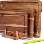 TJ POP Acacia Wood Chopping Board for Kitchen, Wooden Cutting Board Set of 3 with Stand and Juice Groove, Double-Sided Serving Board with Handles for Meat, Vegetables, Fruits and Cheese