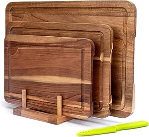 810FzwfMipL._AC_SY300_SX300_QL70_ML2_ TJ POP Acacia Wood Chopping Board for Kitchen, Wooden Cutting Board Set of 3 with Stand and Juice Groove, Double-Sided Serving Board with Handles for Meat, Vegetables, Fruits and Cheese - Image 1