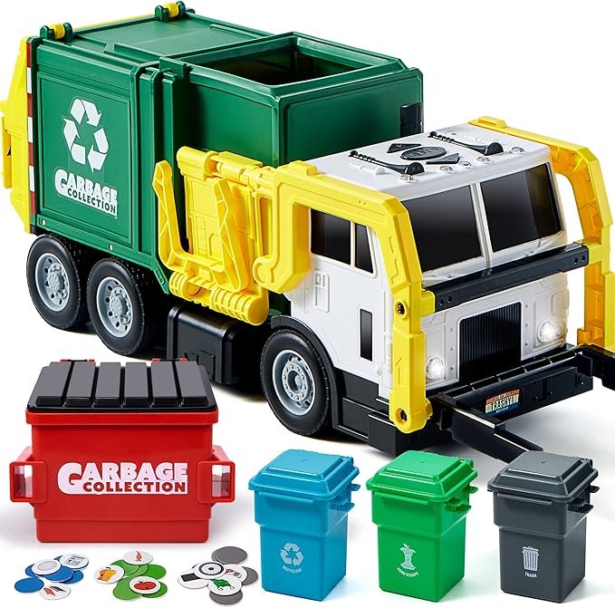 812YEh9a5IL._AC_SX679_ JOYIN 16" Large Garbage Truck Toys for Boys, Realistic Trash Truck Toy with Trash Can Lifter and Dumping Function, Garbage Sorting Cards for Preschoolers, Toy Truck for Boy Age 3 4 5 Years Old - Image 1