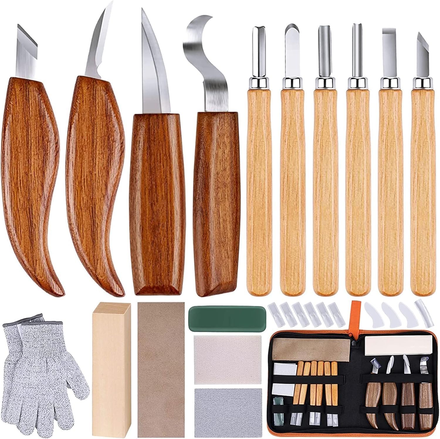 814xObqf1LL._AC_SL1500_ 26-in-1 Wood Carving Kit with Wood Whittling Kit with Basswood Wood Blocks Gifts Set for Adults and Kids Beginners, Carving Knife Sharpener for Spoon, Bowl, Kuksa Cup (Carving Knife Kits) - Image 1
