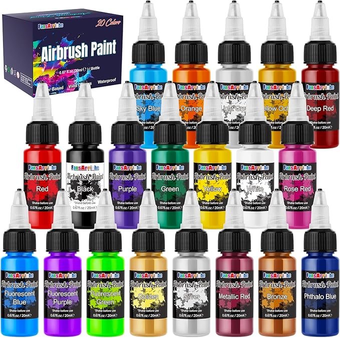 81MFyTmqQ-L._AC_SX679_ FansArriche Airbrush Paint, 20 Colors Acrylic Air brush Paint Kit, Water-based, Opaque & Neon Colors, Pearl Colors, for Beginners, Artists, DIY Projects, 20ml/Bottle - Image 1