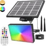 MEIKEE Solar Lights Outdoor, 30W RGB Flood Light Solar-Powered LED Lights, IP66 Waterproof, Remote Control 360°, 30 Modes Outdoor Lighting for Party Halloween Wedding Bars