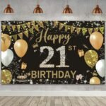 Happy Birthday Banner, 21st Birthday Decorations Backdrop, Extra Large Black Gold Party Decorations, Perfect Birthday Party Supplies Photography Background for Boys, and Girls, 180x110cm