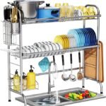 SanDream Over The Sink Dish Drying Rack, 2 Tier Over Sink Dish Rack, Stainless Steel Sink Drying Rack with Utensil Holder, Large Capacity Dish Drainer for Kitchen Counter, Silver (fit Sink≤ 81cm/32)
