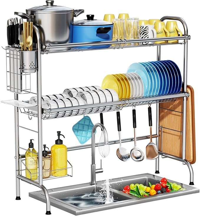81pDTr8xlwL._AC_SX679_ SanDream Over The Sink Dish Drying Rack, 2 Tier Over Sink Dish Rack, Stainless Steel Sink Drying Rack with Utensil Holder, Large Capacity Dish Drainer for Kitchen Counter, Silver (fit Sink≤ 81cm/32) - Image 1