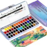 MeiLiang Travel Watercolor Set, 52 Colors Watercolor Paint with 1 Drawing Pencil, 1 Paint Brush, 5 Watercolor Paper, 1 Sponge & 1 Black Drawing Pen, Water Colors Paint Adults Set, Blue Case