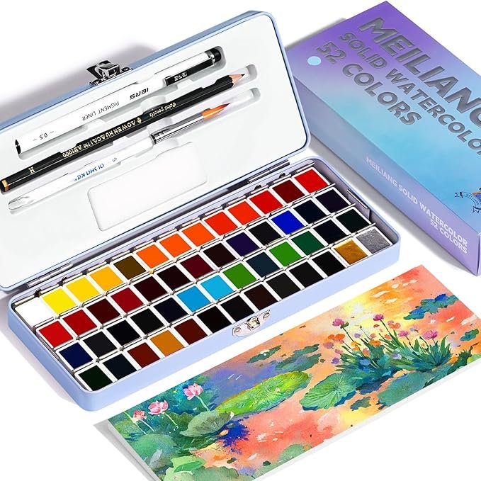 81w0QsYnq8L._AC_SX679_ MeiLiang Travel Watercolor Set, 52 Colors Watercolor Paint with 1 Drawing Pencil, 1 Paint Brush, 5 Watercolor Paper, 1 Sponge & 1 Black Drawing Pen, Water Colors Paint Adults Set, Blue Case - Image 1