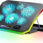 TopMate C12 Laptop Cooling Pad RGB Gaming Notebook Cooler for Desk and Lap Use, Laptop Fan Stand 8 Adjustable Heights with 6 Quiet Fans and Phone Holder, for 15.6-17.3 Inch Laptops-Ice Blue LED Light