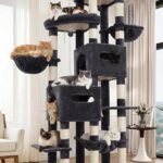 Heybly Cat Tree, 190cm Spacious & Tall Cat Tower for Large Cats, Cat Furniture with Large Top Perch, Solid Base, 2 Cat Condos, Hanging Hammock, Durable Sisal Scratching Posts, Smoky Gray HCT062G | Cat Furniture with Large Top Perch, Solid Base, 2 Cat Condos, Hanging Hammock, Durable Sisal Scratching Posts, Smoky Gray