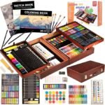 KINSPORY Art Supplies, 168 Pack Wooden Art Set Crafts for Kid Teens - Brown | Deluxe Double Layers gift box, creative art kit for beginner artist adult girls boys, 3 Coloring Drawing Painting Sketch Pads