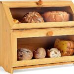 Double Layer Large Bread Box for Kitchen Countertop,Wooden Large Capacity Bread Storage Bin,Bamboo Farmhouse Style Bread Storage Container with Clear Window,Self-Assembly