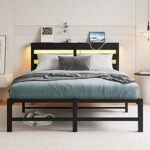 Double Bed Frame Full Size with USB Charging Station and LED Lights, Heavy Duty Metal Platform Full Bed Frame with Wood Storage Headboard, No Box Spring Needed, Noise Free, Black