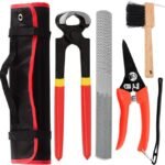Swpeet 5Pcs Professional Farrier Tools Value Supplies Kit with Roll Pack, Mini 8 Inch Rasp Hoof File, 8 Inch Hoof Nipper, Horseshoe Brush, Horses Hoof Trimmers Shears Tools, Hoof Cutter for Horse