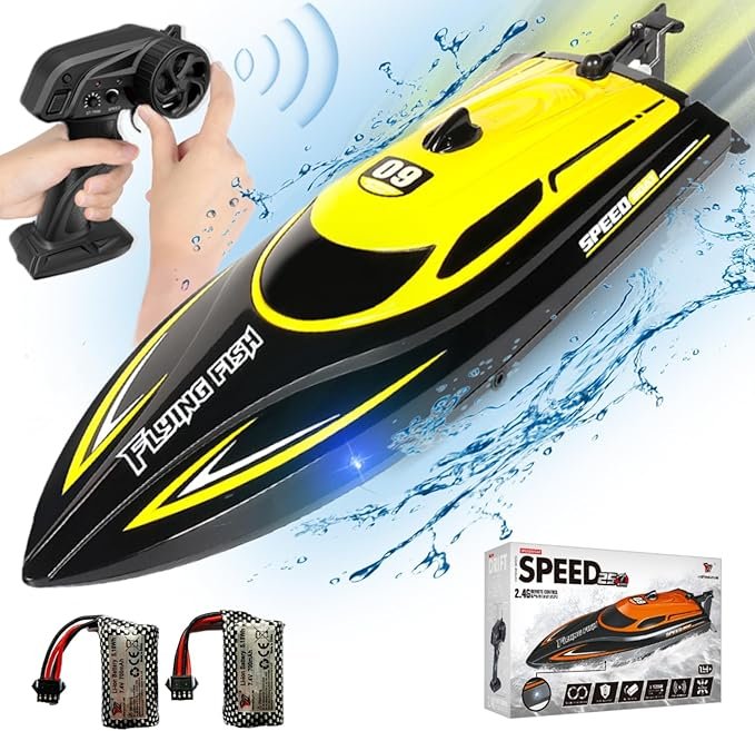 junaid RC Boat with 2 Rechargeable Battery, 20+ MPH Fast Remote Control Boat for Adults, 2.4G RC Electric Boats Pools and Lakes Toys for Kids (812-Yellow) - Image 1