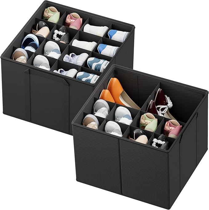 skxksxnksjnxx SpaceAid Shoe Organizer for Closet, 2 Pack Foldable Shoe Storage Containers Baskets Boxes Bins w/Adjustable Dividers, Fits 16-32 Pairs, Black - Image 1