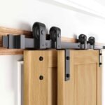 2.44M/8FT Single Track Bypass Barn Door Hardware Kit for Double Doors | Black Track Steel Finish, Smooth-Glide Rollers and Overlapping Door Layout Bypass Door Hardware Kit for Bedroom Space Saving