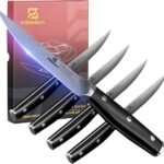 Piklohas Steak Knives Set of 4, 4.5 Inch Non Serrated Dinner Knife, Forged German Steel Damascus Pattern Straight Edge Meat Knife with Full Tang Handle, Dishwasher Safe, Ideal for Gift