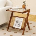 Rattan Side Table with Storage Boho End Table | Rattan side table with storage shelf. Boho design for living room, bedroom or bedside use. Lightweight bamboo frame