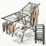 Clothes Drying Rack Foldable, 180CM Large Laundry Drying Rack Gray | 3-Tiers Large Clothes Airer Drying Rack with Wheels & Adjustable Gullwings, Carbon Steel, Space-Saving,for Indoor Outdoor Use