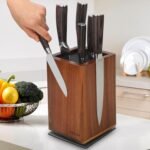 Kisfam 360° Rotating Magnetic Knife Block Without Knives, 15×15×25.5CM | Solid Acacia Wood Knife Holder with Non-Slip Stainless Steel Base, Removable Cleaning Brush, Holds Up To 14 Knives
