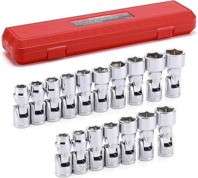 71bBqD9iKcL._AC_SX679_ CASOMAN 17PCS 3/8" Drive Universal Flex Socket Set, SAE&Metric, 3/8" to 3/4", 10mm to 19mm, 6-Point, CR-V, Swivel Head, 360 Degree Access - Image 1