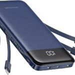 Charmast 10000mAh Power Bank Built in 4 Cables, Slim USB C Portable Charger | LED Display with 6 Output and 3 Input, Compatible with iPhone, iPad, Samsung, Tablets and More, Compact Travel Design, Blue