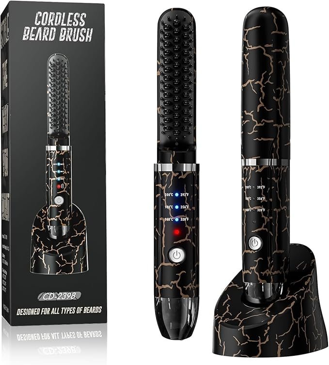 71qq14J2CcL._AC_SX679_ Beard Straightener for Men, Cordless Heated Beard Brush, Portable Beard Hot Combs, Ionic Mini Hair Straightener with 3 Temp Settings, Coarse Curly Hair Brush, Grooming Kit for Men - Image 1