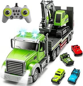81p2YpAYJrL._AC_SY300_SX300_QL70_ML2_ Fistone RC Semi Truck & Excavator Toy Set, 1:12 Remote Control Semi-Trailer With Sound and Lights, 2.4Ghz Flatbed With Excavator, Construction Vehicles for Boys 6-12 Years Old - Image 1