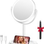 Auxmir 30X/1X Magnifying Mirror with Light, Makeup Mirror with Storage Base | 360° Rotation Dual-Sided, 3 Color Dimmable & Touch Control, Rechargeable, Phone Holder Design for Daily & Travel Use (White)