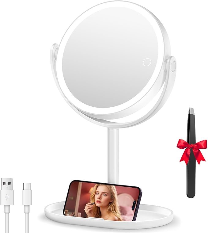 ergefefw Auxmir 30X/1X Magnifying Mirror with Light, Makeup Mirror with Storage Base | 360° Rotation Dual-Sided, 3 Color Dimmable & Touch Control, Rechargeable, Phone Holder Design for Daily & Travel Use (White) - Image 1