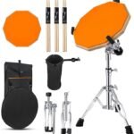 Drum Practice Pads with Drum Pad Stand - 12in Mute Double Sided Silent Snare Drum Practice Pad Kit with 3 pairs Drumsticks, Drumstick Holder, Storage Bag, Adjustable Stand, for Beginner(Orange)