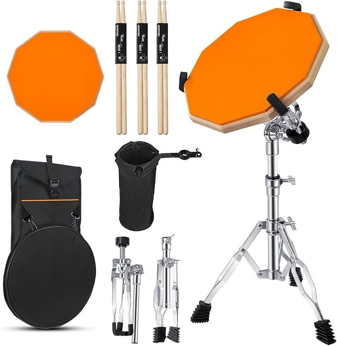 61GjNIpKVkL._AC_SX679_ Drum Practice Pads with Drum Pad Stand - 12in Mute Double Sided Silent Snare Drum Practice Pad Kit with 3 pairs Drumsticks, Drumstick Holder, Storage Bag, Adjustable Stand, for Beginner(Orange) - Image 1