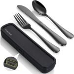 Travel Cutlery Sets with Case, 4-Piece Stainless Steel Portable Utensils, Reinforced Case with Buckle Design, Lunch Box for Camping Office School, Include Fork Spoon Knife, Dishwasher Safe, Black