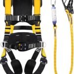 Yellow Safety Harness Fall Protection Kit, Men Full-Body Fall Protection Safety Harness with Climbing Rope and 4 Quick Buckles for Work, Tree & Rock Climbing