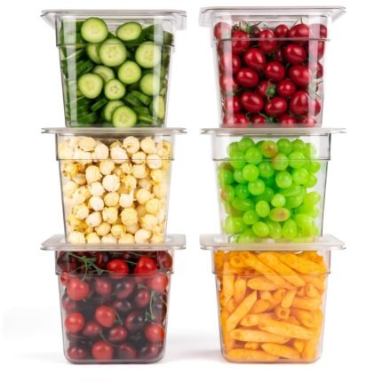 6 Pack Plastic Food Pan with Lids 1/6 Size 6 Inch Deep