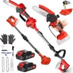 2-in-1 Cordless Pole Chainsaw & Mini Handheld Chainsaw, 21V 8 Inch Electric Poles Pruner, Extension Rod Up to 153cm, 2 Replaceable Chains Tree Pruning Pole for Garden Yard Red 4000mAh Battery