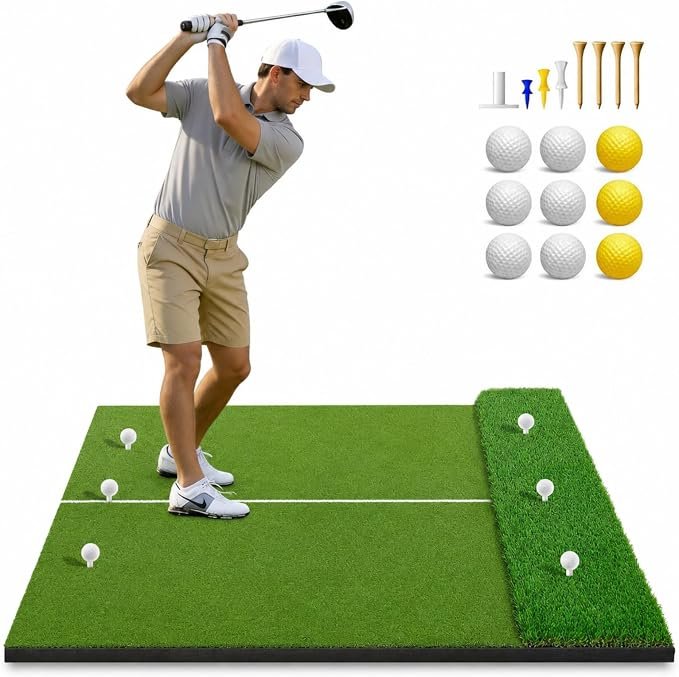 71P9SQTIoSL._AC_SX679_ Professional Dual-Turf Golf Hitting Mat 1.5m x 1.2m, Heavy-Duty Dense Turf, Non-Slip EVA Shock Absorbing Base, Indoor Outdoor for Backyard Garage Simulator, Ideal Golf Gift for Men Dad Husband - Image 1