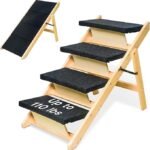 2-in-1 Dog Ramp and Stairs for Bed, Foldable Pet Ramp with 4 Steps, Wooden Dog Steps for Bed Couch Car, Non-Slip Pet Stairs for Small Medium Dogs, No Assembly Required