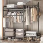 Garment Rack with Wheels, Heavy Duty Metal Clothes Rack with Shelves, Free Standing Clothing Hanging Rack Portable Closet Wardrobe Rack Top Bottom Storage Shelf Handbags Bedroom Organizer (Black)