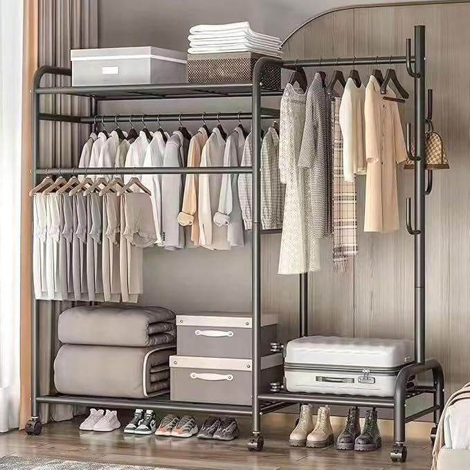71uTolPsMNL._AC_SX679_ Garment Rack with Wheels, Heavy Duty Metal Clothes Rack with Shelves, Free Standing Clothing Hanging Rack Portable Closet Wardrobe Rack Top Bottom Storage Shelf Handbags Bedroom Organizer (Black) - Image 1