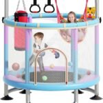60" Trampoline for Kids with Enclosure, 200kg Capacity Indoor & Outdoor Toddler Trampoline with Adjustable Gymnastics Bar, Upgraded Ring Legs & Toys, for Boys & Girls