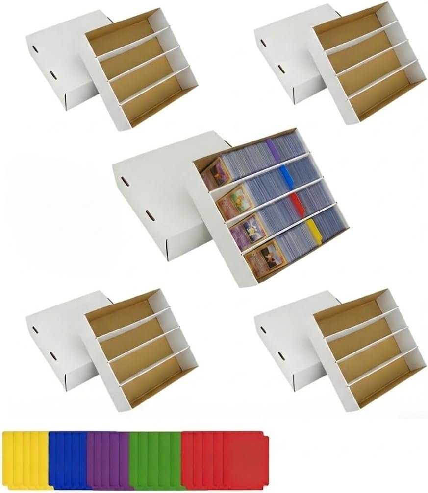 talha3 Yotsuba 5 Pack 3200 Count Trading Card Storage Box with Lid & 25 Dividers – 4-Row Corrugated Cardboard Card Box Organizer for Gaming & Sports Cards – Secure Card Storage Box - Fit Standard Toploaders Search by: Search on ebay Search on Walmart Search on Aliexpress ASIN : B0GQSVJ9ZQSubmit #479 in toys & games # Brand: Yotsuba Product information/details - Image 1