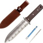 Hori Hori Garden Knife with FREE Diamond Sharpening Rod, Ideal Gardening Digging Weeding Tool, Stainless Steel Blade with Protective Handguard and Full Tang Handle, Comes with Leather Sheath