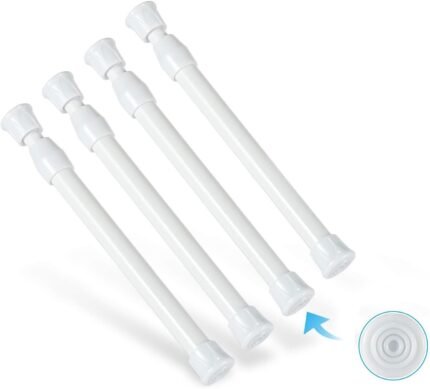 4 Pcs Tension Rod, Goowin Short Tension Rod, No Drilling Small Tension Rods for Closet, Rustproof Spring Rod, Mini Thin Tension Rods for Cabinets, Cupboard, Wardrobe Bars, Bookcase (White, 7-11 inch)