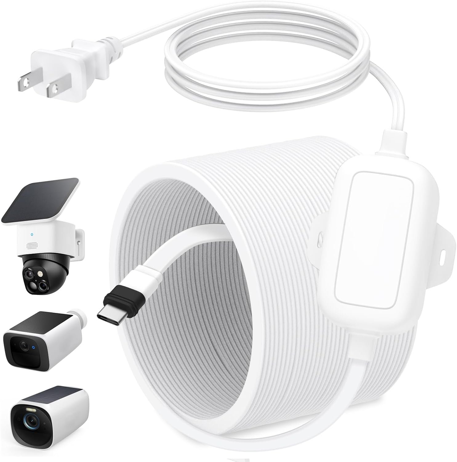 61FWi20AQtL._AC_SL1500_ 25FT Charging Cable with Adaper for eufy SoloCam S340/S220, C210, Power Cord for eufyCam 3/S330, 3C/S300, Flat Power Cable for eufy Indoor Cam S350/C220, Indoor Outdoor Use, IP67 Waterproof