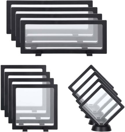 12 Pcs 3D Floating Frame Display Case, Challenge Coin Display Stand Holder Frames Transparent PE Jewelry Storage Box Large Suspension Frames for AA Medallions, Medal, Medallion, Stamps (Black)